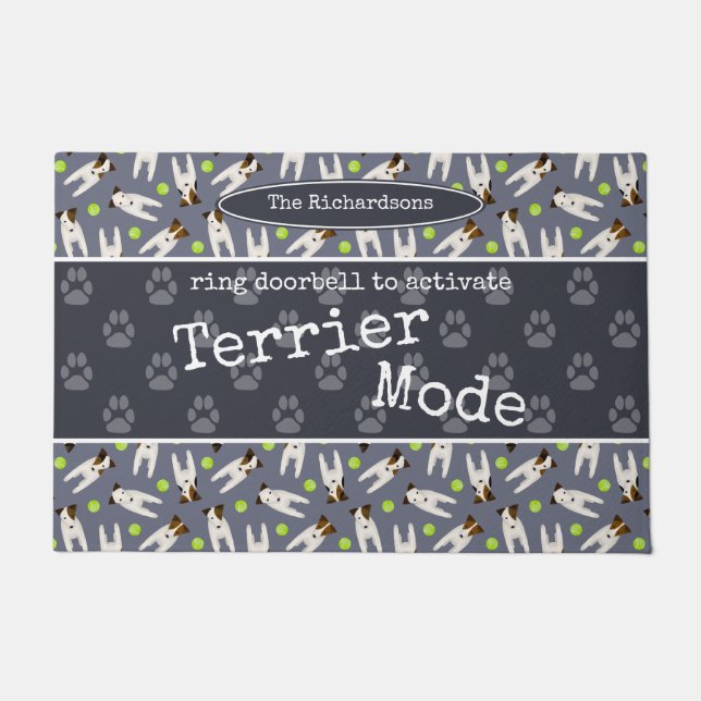 Jack Russell terrier mode personalized family name Doormat (Front)