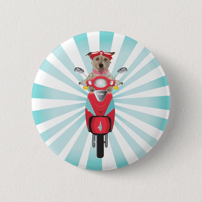 Jack Russell Terrier on Red Moped Button (Front)