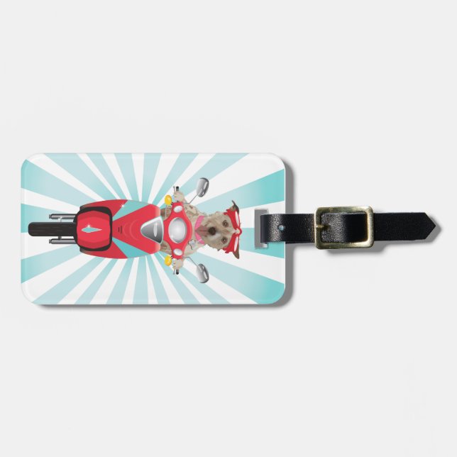 Jack Russell Terrier on Red Moped Luggage Tag (Front Horizontal)