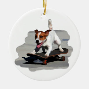 Jack Russell Terrier on Skateboard Ceramic Ornament