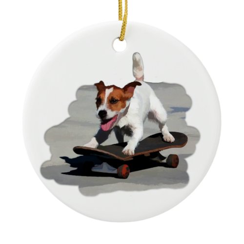 Jack Russell Terrier on Skateboard Ceramic Ornament