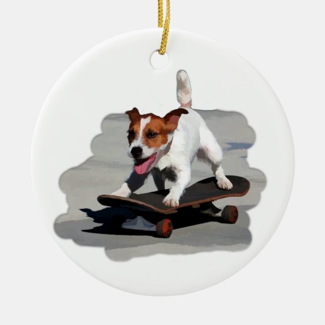 Jack Russell Terrier on Skateboard Ceramic Ornament (Front)