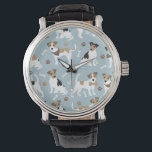 Jack Russell Terrier Paws and Bones Watch<br><div class="desc">Cute Jack Russell Terrier dogs sit and stand with paw prints and dog bones pattern.</div>