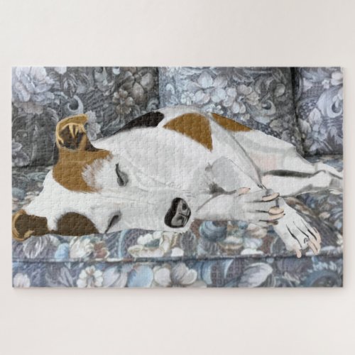 Jack Russell Terrier Peacefully Sleeping on Sofa Jigsaw Puzzle