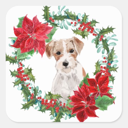 Jack Russell Terrier Poinsettia Christmas Wreath Square Sticker