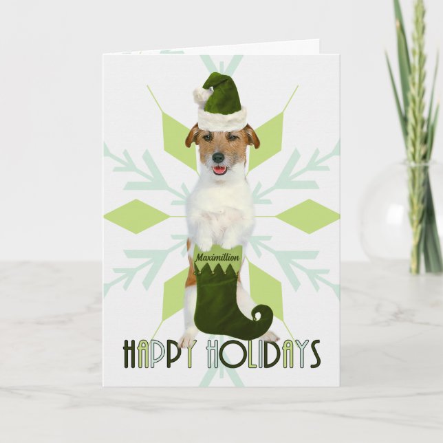 Jack Russell Terrier Santa Dog Green Christmas Holiday Card (Front)
