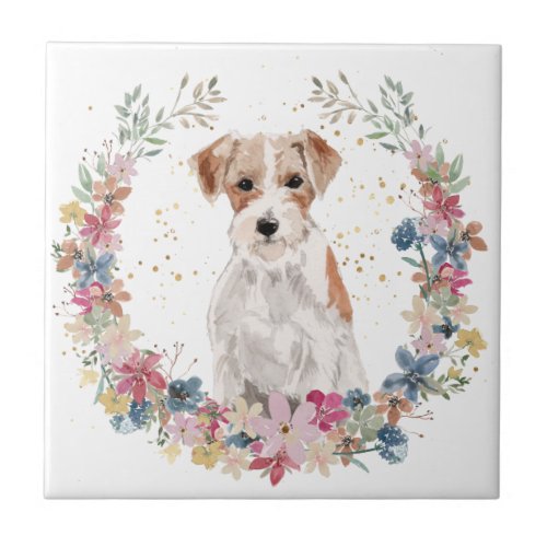 Jack Russell Terrier Spring Flowers Wreath Ceramic Tile