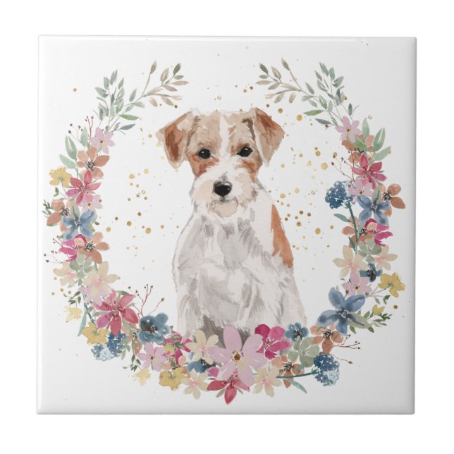 Jack Russell Terrier Spring Flowers Wreath Ceramic Tile (Front)