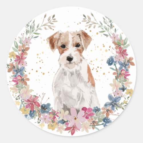 Jack Russell Terrier Spring Flowers Wreath Classic Round Sticker