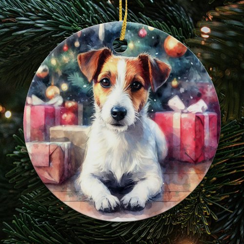 Jack Russell Terrier Watercolor Scene Christmas Ceramic Ornament