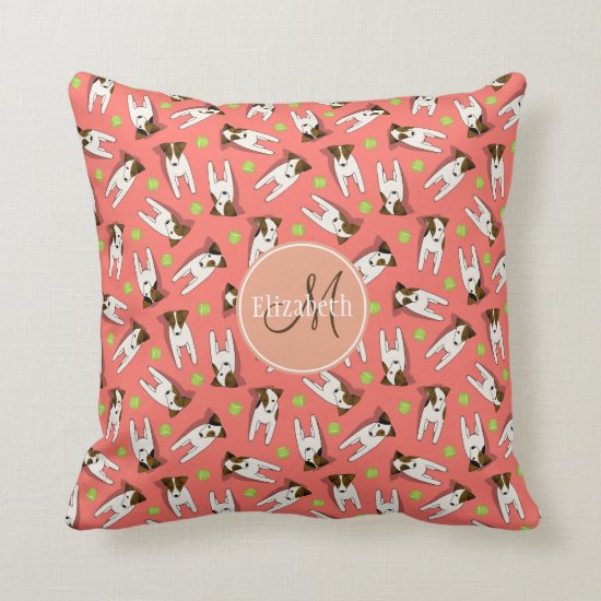 Jack Russell Terriers tennis balls pattern coral Throw Pillow