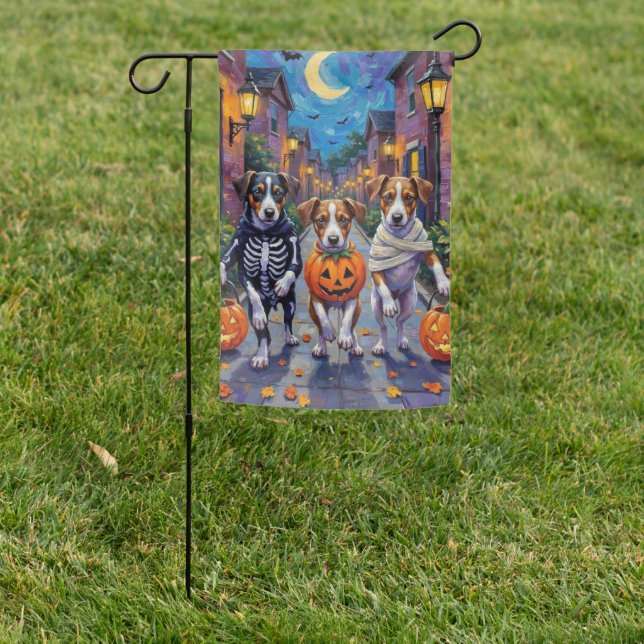 Jack Russell Trick-or-Treating Halloween Costumes Garden Flag (In SItu)