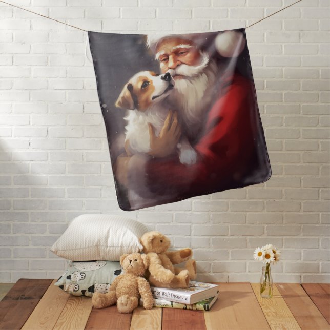 Jack Russell With Santa Claus Festive Christmas Baby Blanket (In Situ)