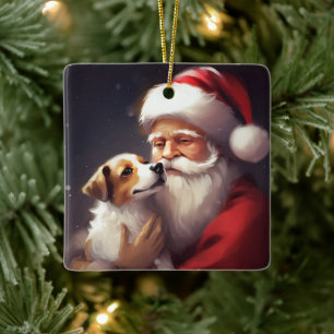 Jack Russell With Santa Claus Festive Christmas Ceramic Ornament