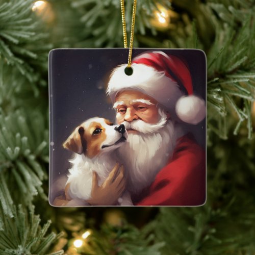 Jack Russell With Santa Claus Festive Christmas Ceramic Ornament