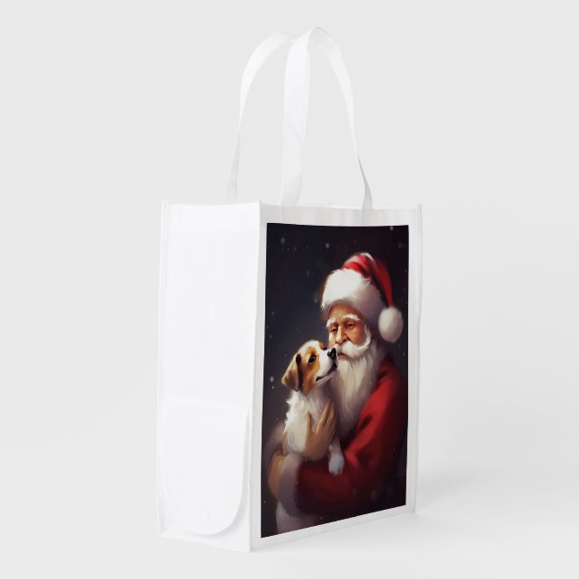 Jack Russell With Santa Claus Festive Christmas Grocery Bag (Front Side)