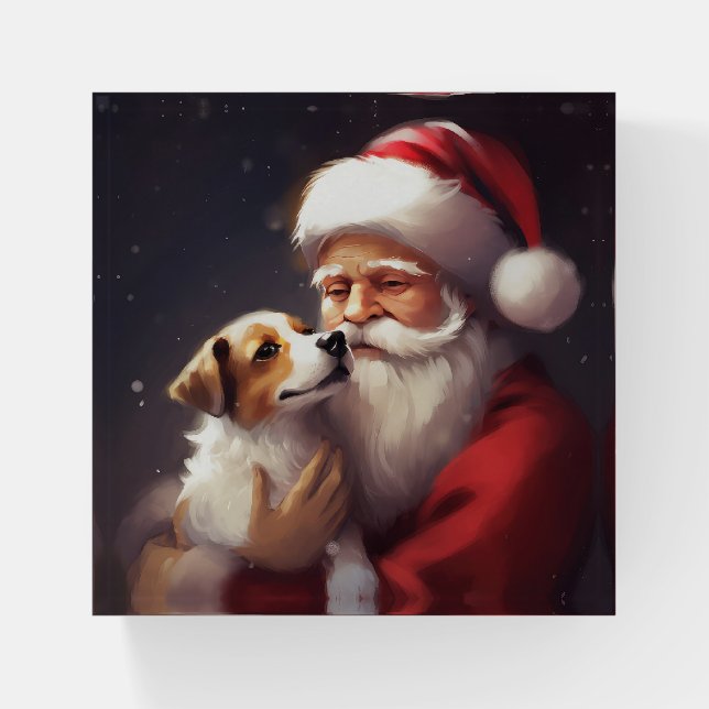 Jack Russell With Santa Claus Festive Christmas Paperweight (Front)