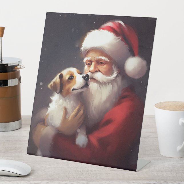 Jack Russell With Santa Claus Festive Christmas Pedestal Sign (In SItu)
