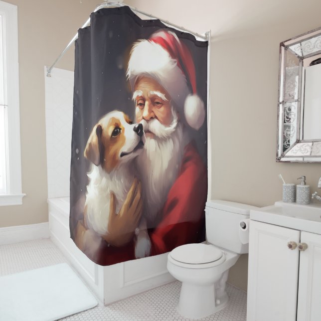 Jack Russell With Santa Claus Festive Christmas Shower Curtain (In Situ)