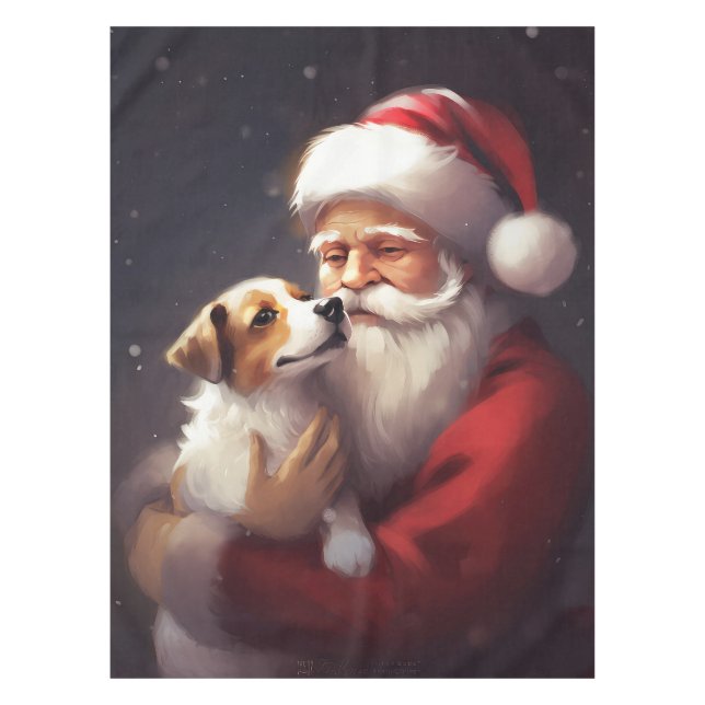 Jack Russell With Santa Claus Festive Christmas Tablecloth (Front)