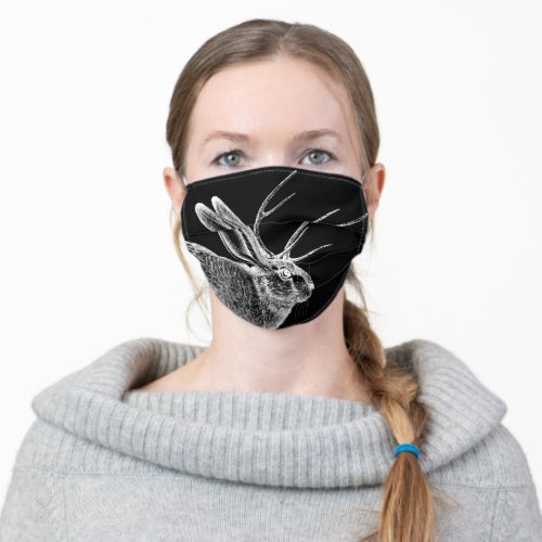 Jackalope Black  White Adult Cloth Face Mask