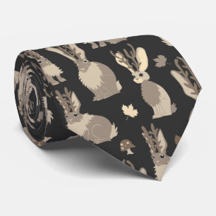 Jackalope Forest Funny Mythical Rabbit Print Black Neck Tie