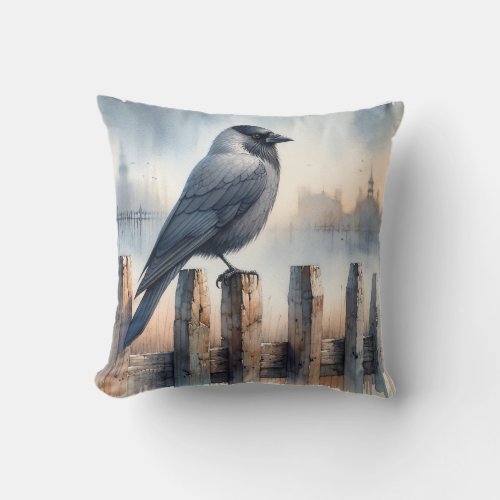 Jackdaw at Dusk AREF455 _ Watercolor Throw Pillow