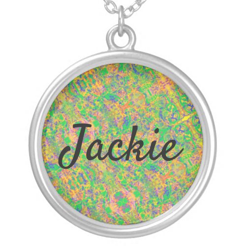 Jackie with abstract art background silver plated necklace