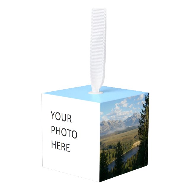 Jackson Hole Mountains and River Cube Ornament (Front Angled)