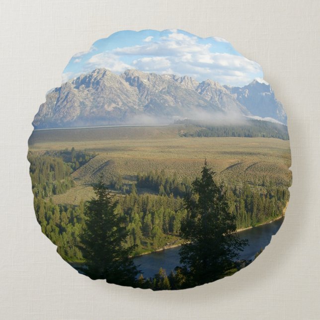 Jackson Hole Mountains and River Round Pillow (Front)