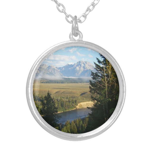 Jackson Hole Mountains and River Silver Plated Necklace (Front)