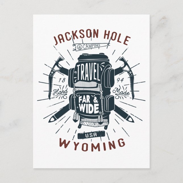 Jackson Hole Wyoming Backpack Gear Retro Travel Postcard (Front)