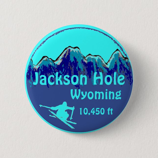 Jackson Hole Wyoming blue ski art button (Front)