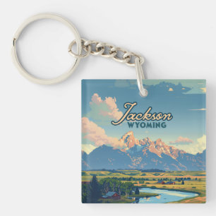 Jackson Hole Wyoming Ranch Tetons Mountains Retro Keychain