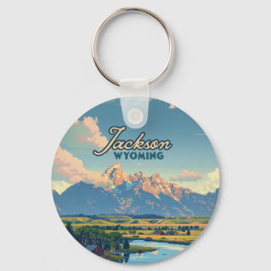 Jackson Hole Wyoming Ranch Tetons Mountains Retro Keychain