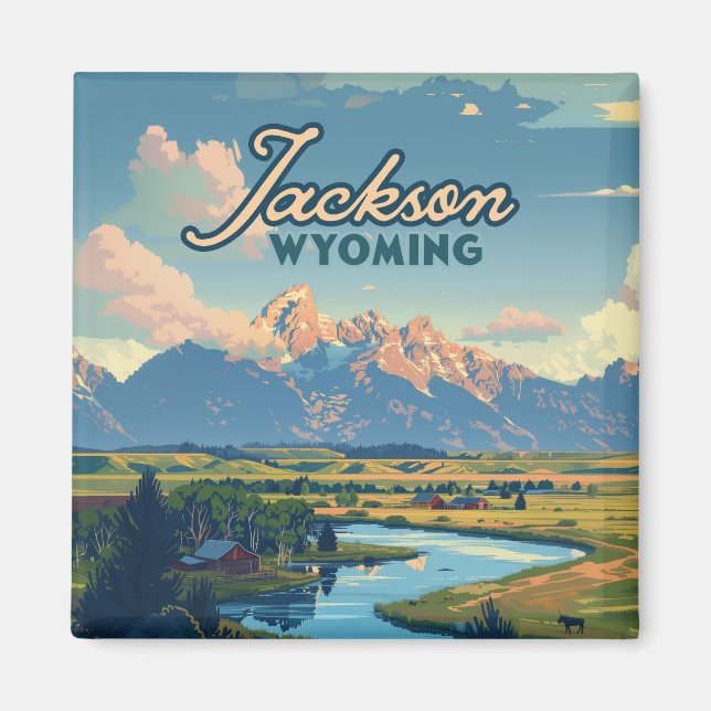 Jackson Hole Wyoming Ranch Tetons Mountains Retro Magnet (Front)