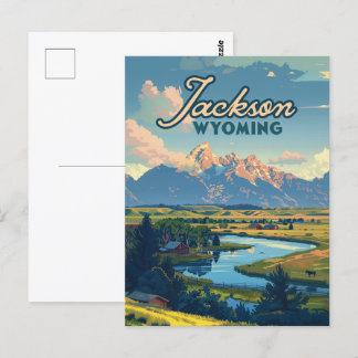 Jackson Hole Wyoming Ranch Tetons Mountains Retro Postcard