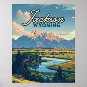 Jackson Hole Wyoming Ranch Tetons Mountains Retro Poster