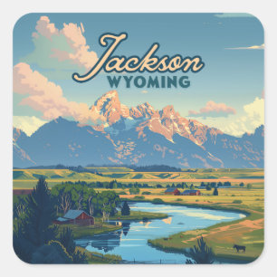 Jackson Hole Wyoming Ranch Tetons Mountains Retro Square Sticker