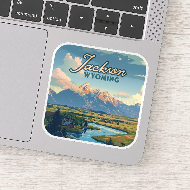 Jackson Hole Wyoming Ranch Tetons Mountains Retro Sticker (Detail)