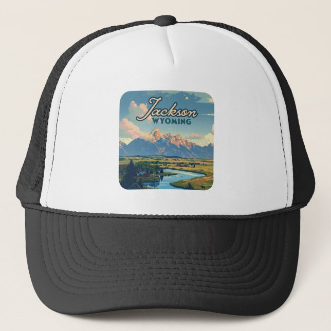 Jackson Hole Wyoming Ranch Tetons Mountains Retro Trucker Hat (Front)