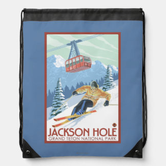 Jackson Hole, Wyoming Skier and Tram Drawstring Bag