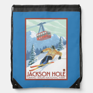 Jackson Hole, Wyoming Skier and Tram Drawstring Bag