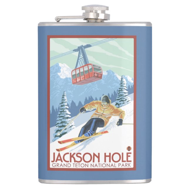 Jackson Hole, Wyoming Skier and Tram Flask (Front)
