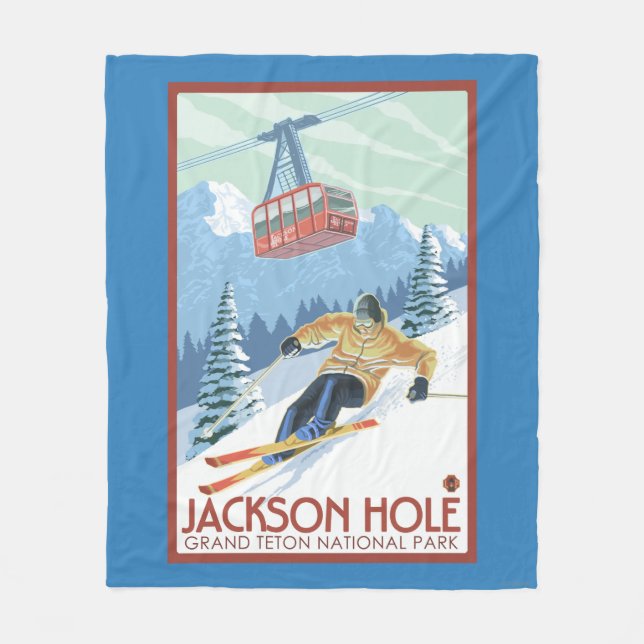 Jackson Hole, Wyoming Skier and Tram Fleece Blanket (Front)