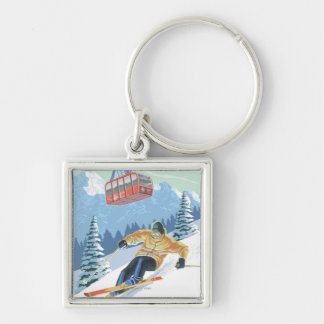 Jackson Hole, Wyoming Skier and Tram Keychain