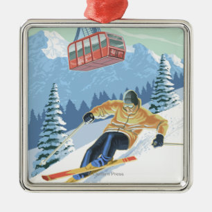 Jackson Hole, Wyoming Skier and Tram Metal Ornament