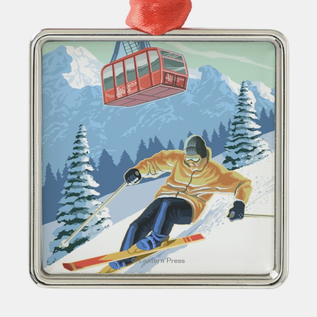 Jackson Hole, Wyoming Skier and Tram Metal Ornament (Front)