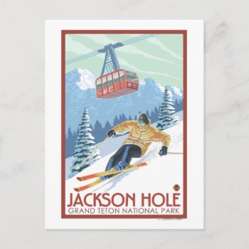 Jackson Hole  Wyoming Skier And Tram Postcard by LanternPress at Zazzle