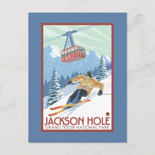 Jackson Hole Wyoming Skier and Tram Postcard